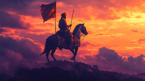 Mounted warrior silhouette studies atmospheric backlit sunset glow