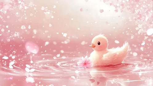 Soft duckling drifts through swirling cherry blossom daydream