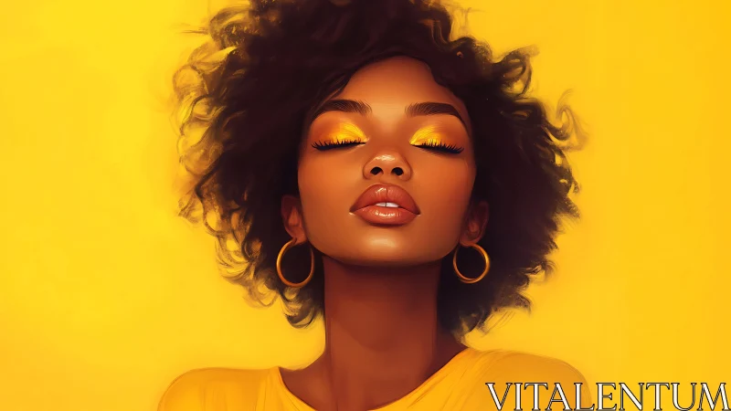 Vivid yellow portrait of serene woman with hoop earrings