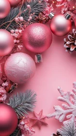 Pink Christmas ornaments and frosted pine holiday border