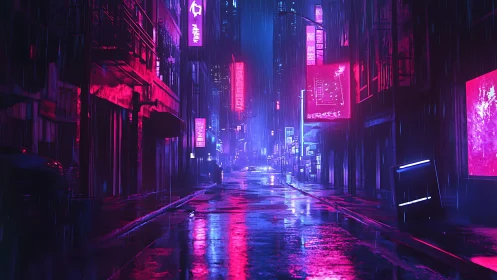 Neon lit cyberpunk alley at night in heavy urban rain.