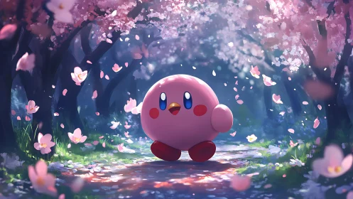 Digital painting of pink character under luminous cherry blossoms.