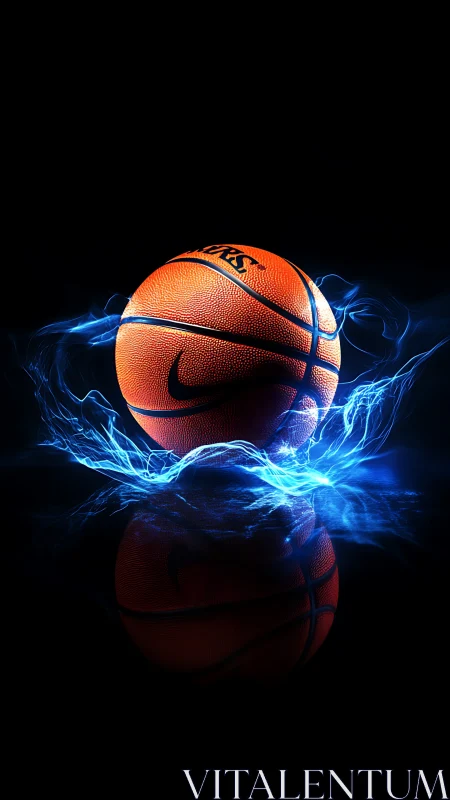 Charged basketball hovers in a storm of electric blue fire