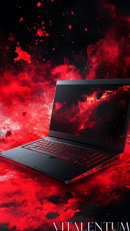 Midnight gaming laptop surrounded by blazing red energy.