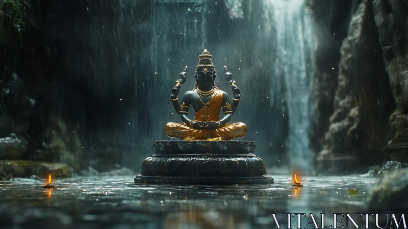 Golden deity statue under waterfall in misty rock shrine.