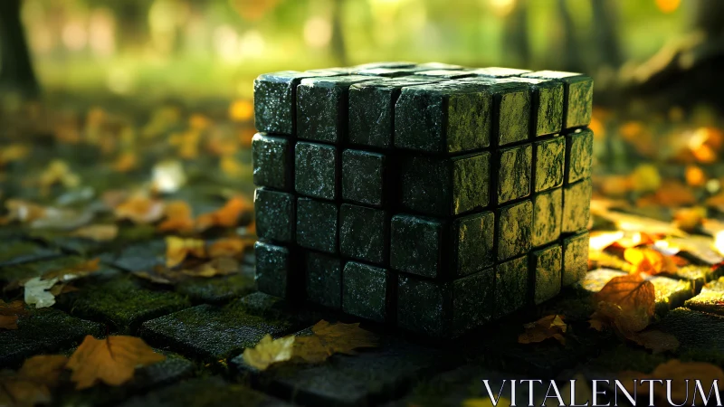 Mossy stone puzzle cube glowing softly in autumn light.