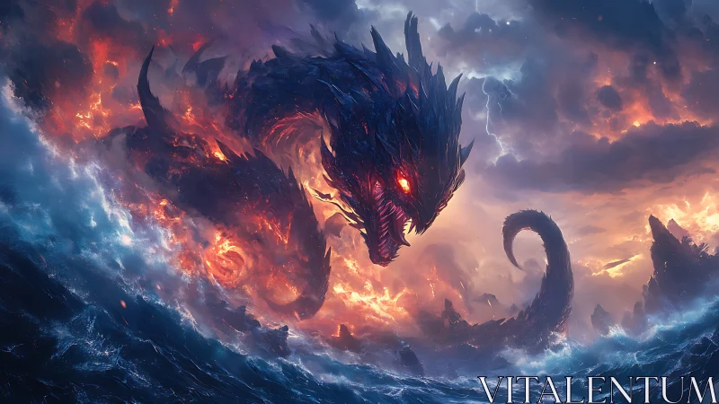 Infernal sea dragon emerging from storm-torn ocean dusk.