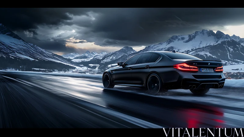 Black sports sedan powers through icy alpine highway at dusk.