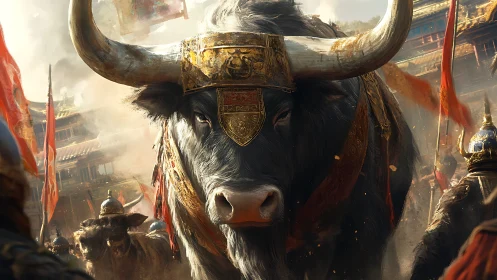 Armored war bull advances through crowded battlefield street