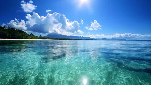 Tropical shoreline with glassy turquoise water and sunlit clouds.
