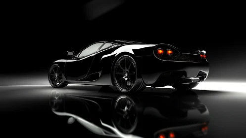 High-gloss black supercar rendered in dramatic rim lighting