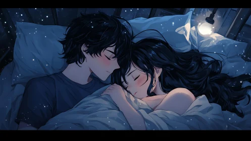 Two figures sleeping peacefully under starlit canopy.