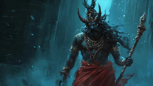 Horned blue humanoid figure with staff in misty setting.