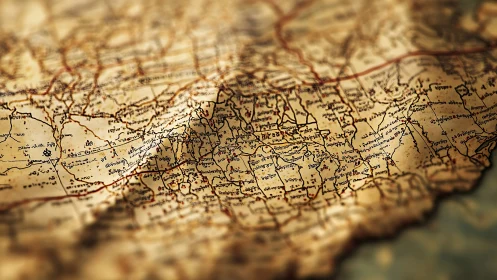 Weathered antique map curls with softly focused details.