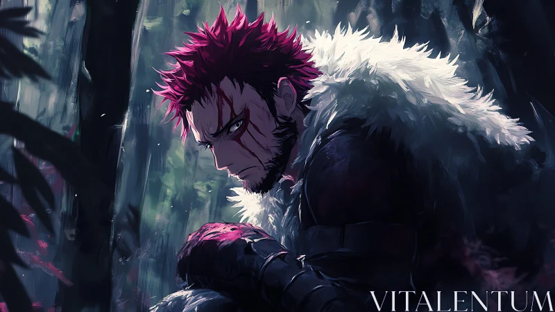 Wounded red haired warrior resting in shadowed forest.