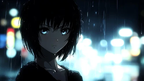 Blue-eyed girl confronts neon night rain-slicked city street.