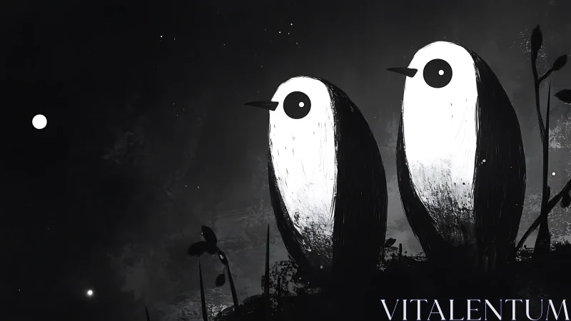 Two curious penguins share a quiet starlit night together