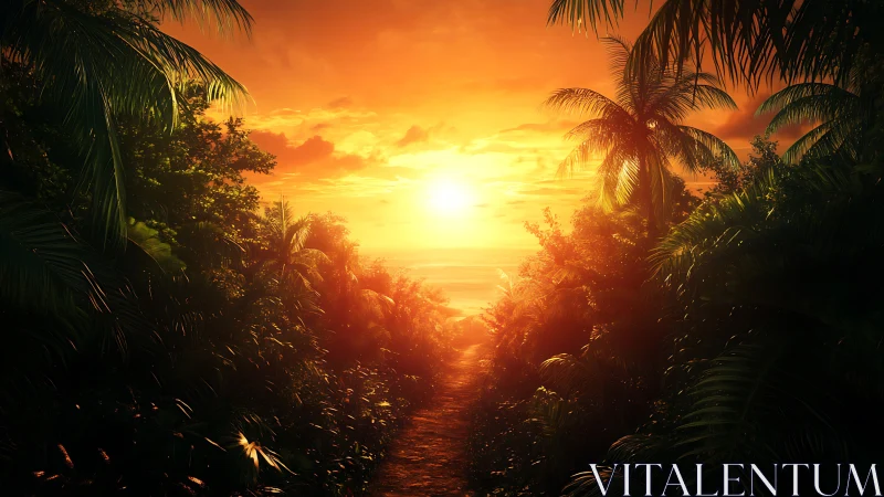 Sunset pathway glows through lush tropical jungle foliage.