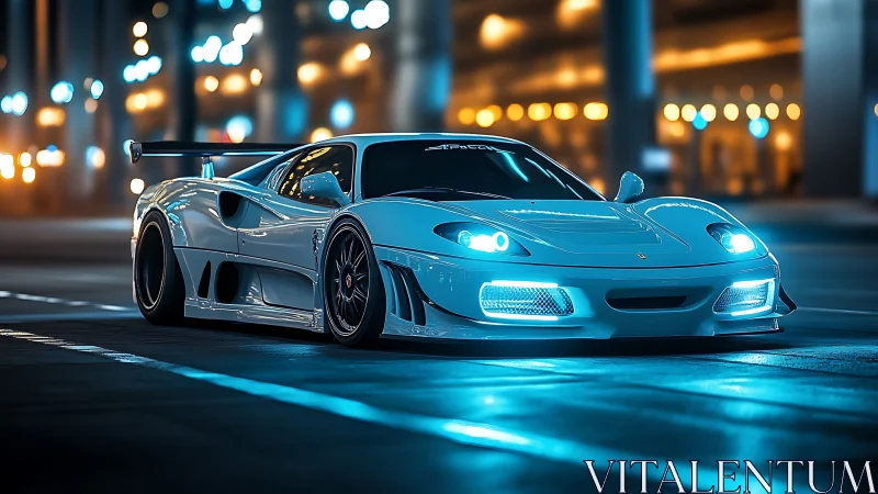 Sleek blue supercar glowing softly under city night lights.