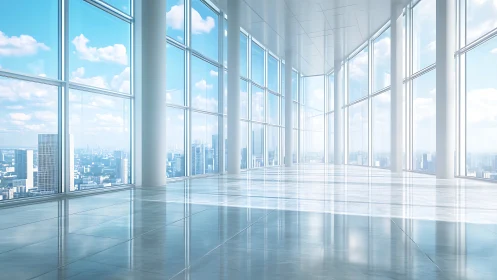 Modern Office Interior with Floor-to-Ceiling Windows and Metropolitan Skyline