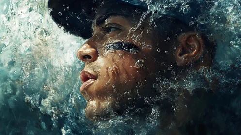 Digital portrait of athlete submerged in turbulent water.