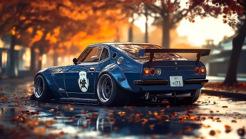 Low blue tuner car on wet autumn street at sunset.