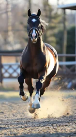 Galloping sport horse kicks up dust in golden arena light.