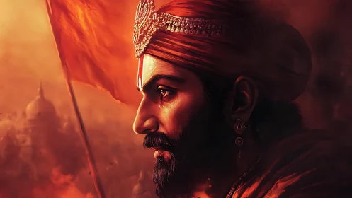 Warrior king profile amid blazing orange battlefield haze.