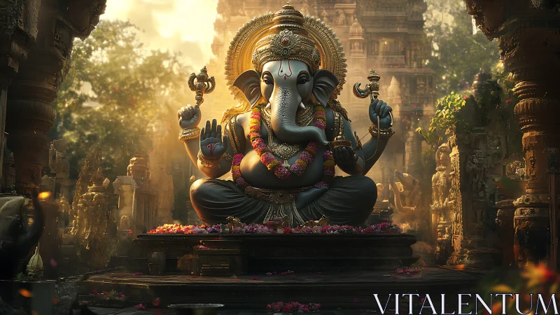 Highly detailed Ganesha statue in sunlit temple courtyard environment