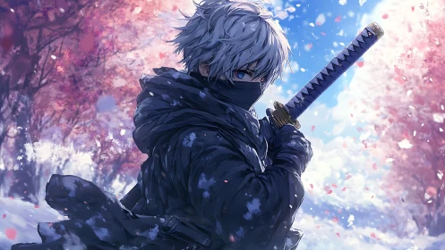 Masked swordsman stands amid snowy cherry blossoms in anime style