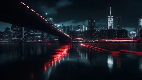 Neon bridge over dark river facing futuristic city skyline.