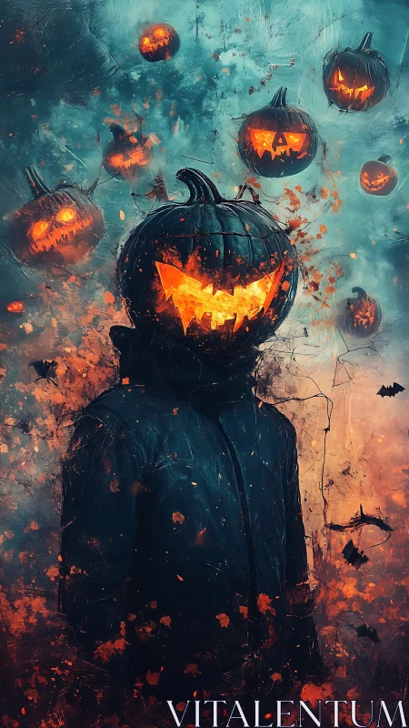Pumpkin-headed figure with floating jack-o-lanterns at dusk.