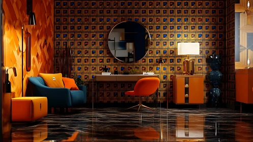 Bold retro living room with orange furniture and patterns.