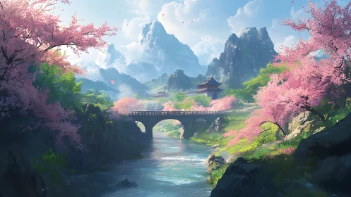 Cherry blossom valley with arched bridge under atmospheric depth