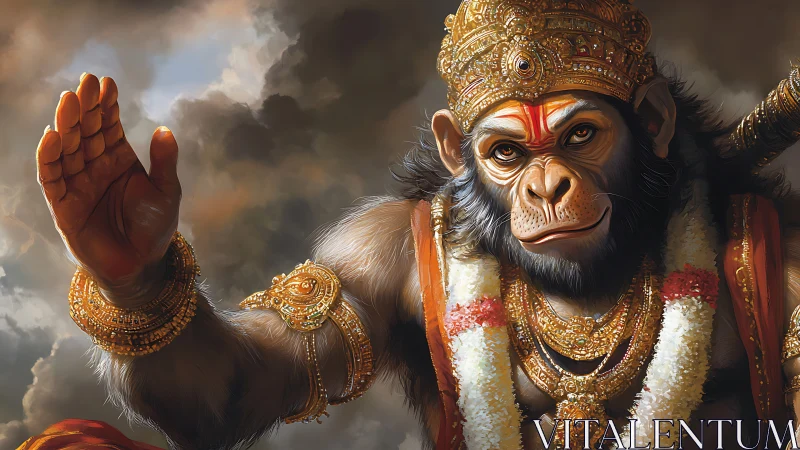 Monkey-headed deity figure raises right hand before clouds