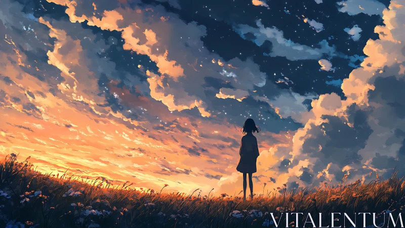 Solitary dreamer gazes into a blazing twilight cosmos sky.