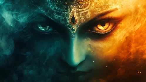 Dual-toned mystical face with intense glowing eyes.
