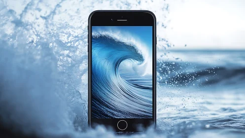 Smartphone screen merges with crashing ocean wave imagery