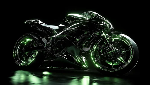 Futuristic black sport motorcycle with neon green lights.