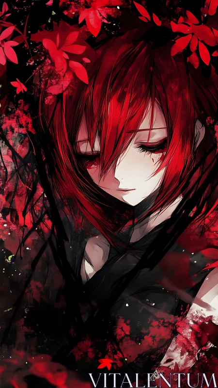 Crimson haired girl closes her eyes amid swirling red petals
