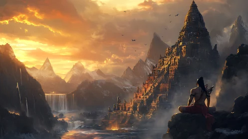 Warrior gazes at sunlit mountain temple in misty valley