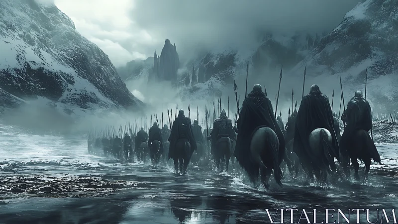 Dark cavalry advances through misty frozen mountain pass.