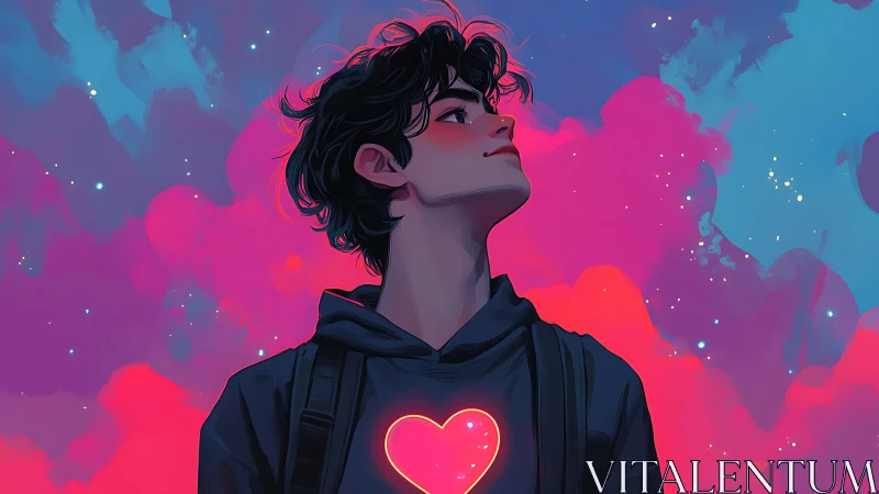 Young figure in hoodie with heart icon amid neon clouds.