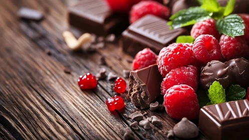 Dark chocolate pieces and raspberries rest on rustic wood