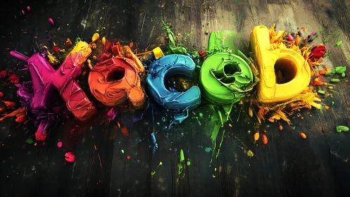 Thick impasto 3D lettering with high-gloss multicolor paint splashes