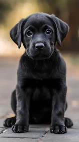 Black Labrador puppy sitting on paved outdoor surface.