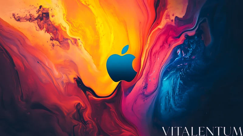 Liquid neon storm swirling around bold blue apple emblem.