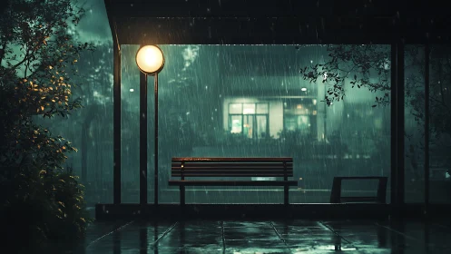Nocturnal bus shelter in heavy rainfall, lamplit and vacant.