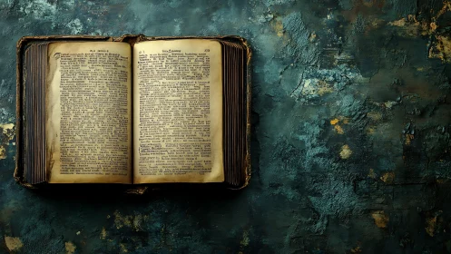 Photorealistic still life of antique open book on patina wall.