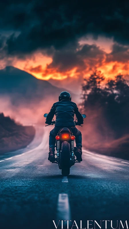 Motorcyclist rides toward fiery sunset along misty road